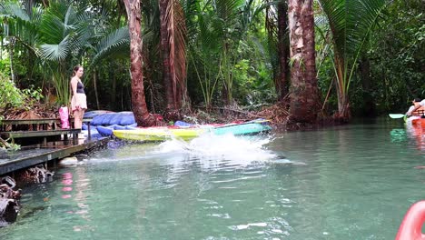 person dives into clear water near kayaks