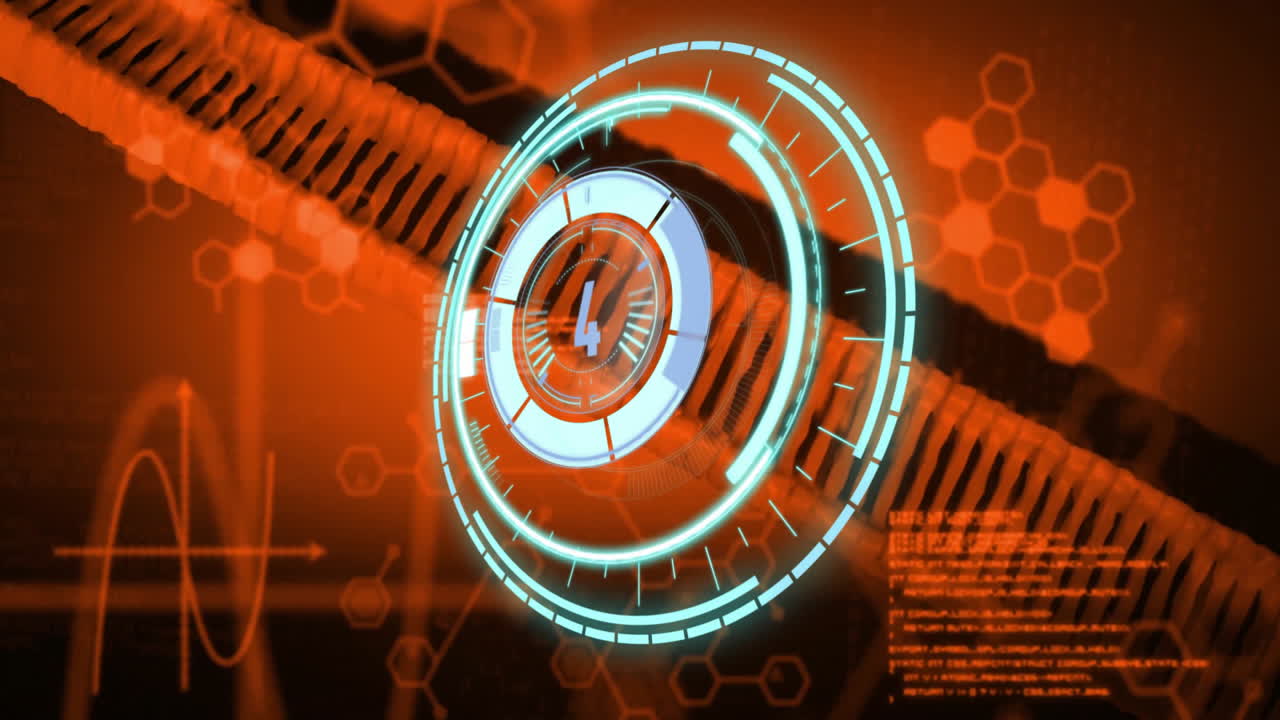 Futuristic countdown animation over DNA strand and digital data background
