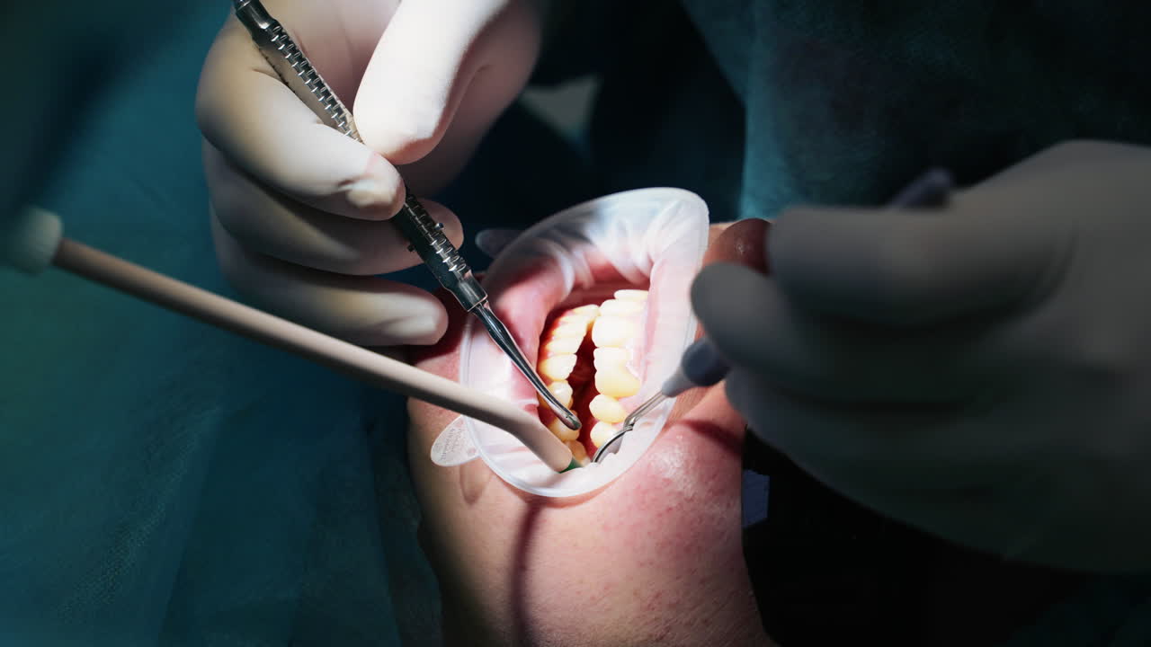 The hands of a dentist in white rubber gloves using a dental instrument treats the patient's teeth. Close-up. Surgical intervention
