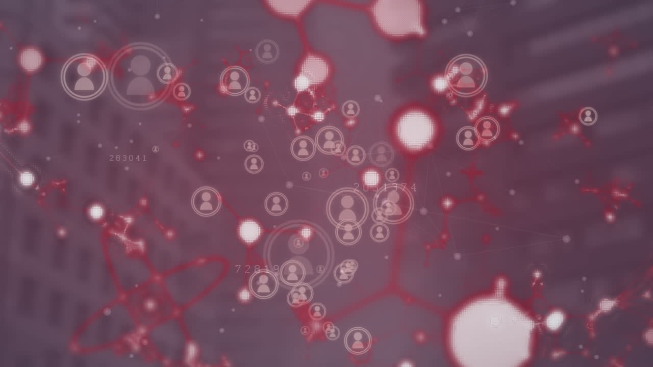 현대적인 사무실 건물 위의 사람들과의 연결 네트워크 아이콘의 애니메이션