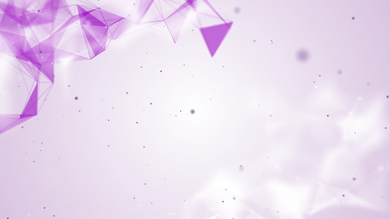 Connected dots and lines dynamically move on a purple looped background. Empty space for text. Blurred background.