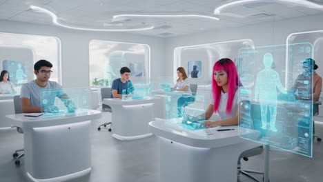 engaging learning environment with augmented reality: students interacting with holographic displays in a modern classroom setup