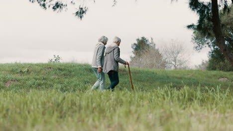 park, friends and senior woman with walking stick