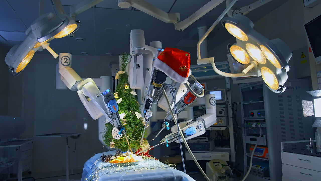 Da Vinci robot in the innovative surgical room. Futuristic equipment decorating pine-tree on the operating table.