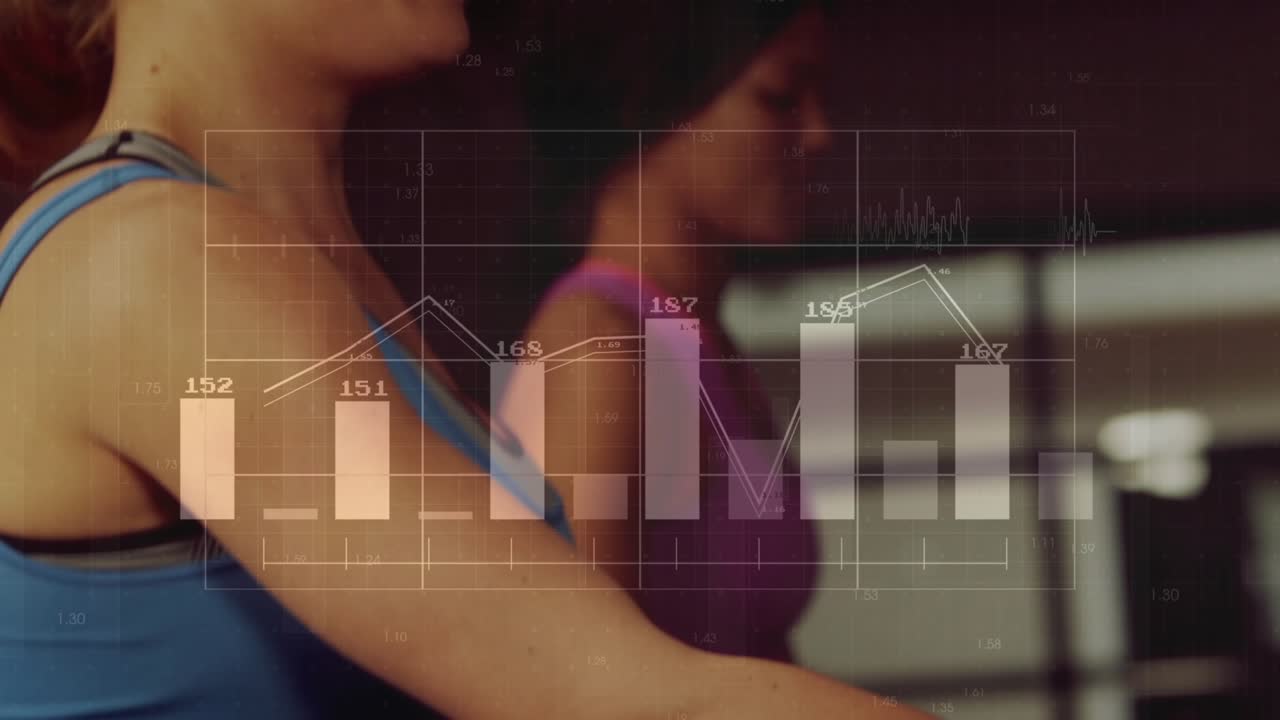 Woman in blue holding rail and starting belt while fitness charts tracking stats, revealing partner