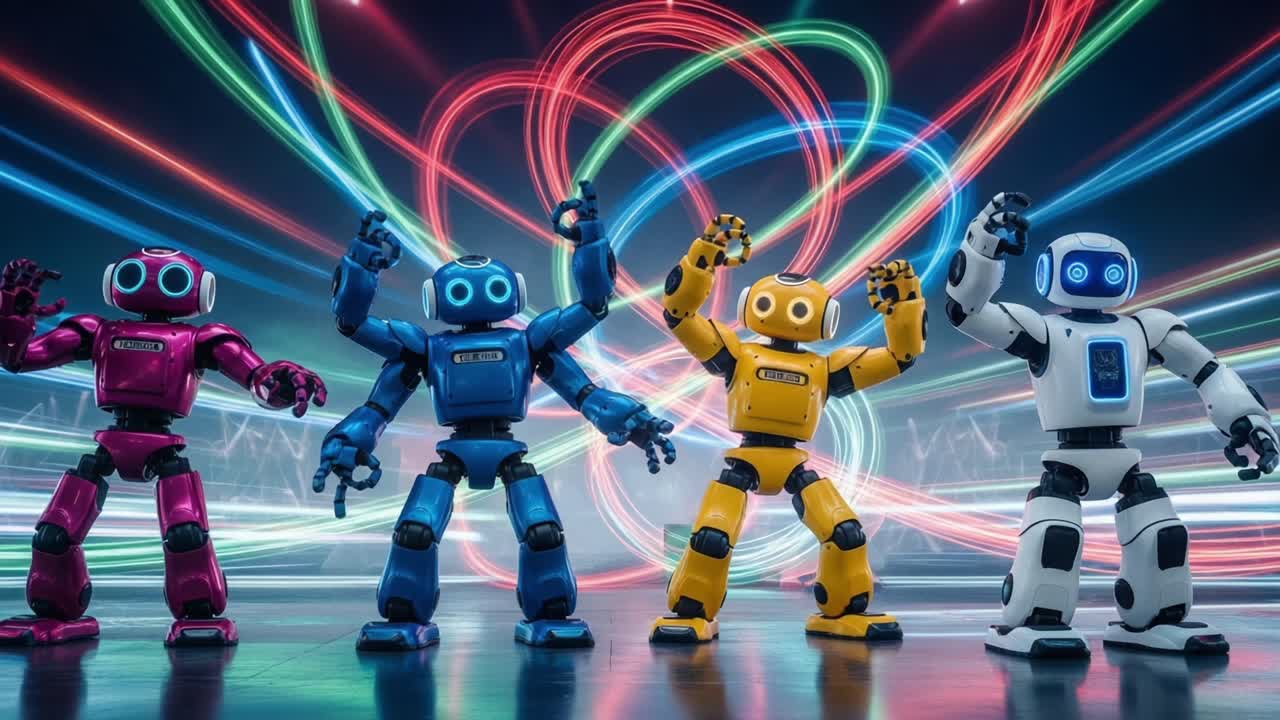 Colorful Robots in a Dynamic Dance: A Captivating Display of Motion and Light with Syncing Electronics Amidst a Vibrant Laser Show
