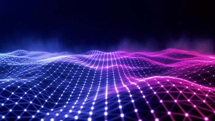 Griglia di onde digitali astratte con nodi luminosi blu e rosa