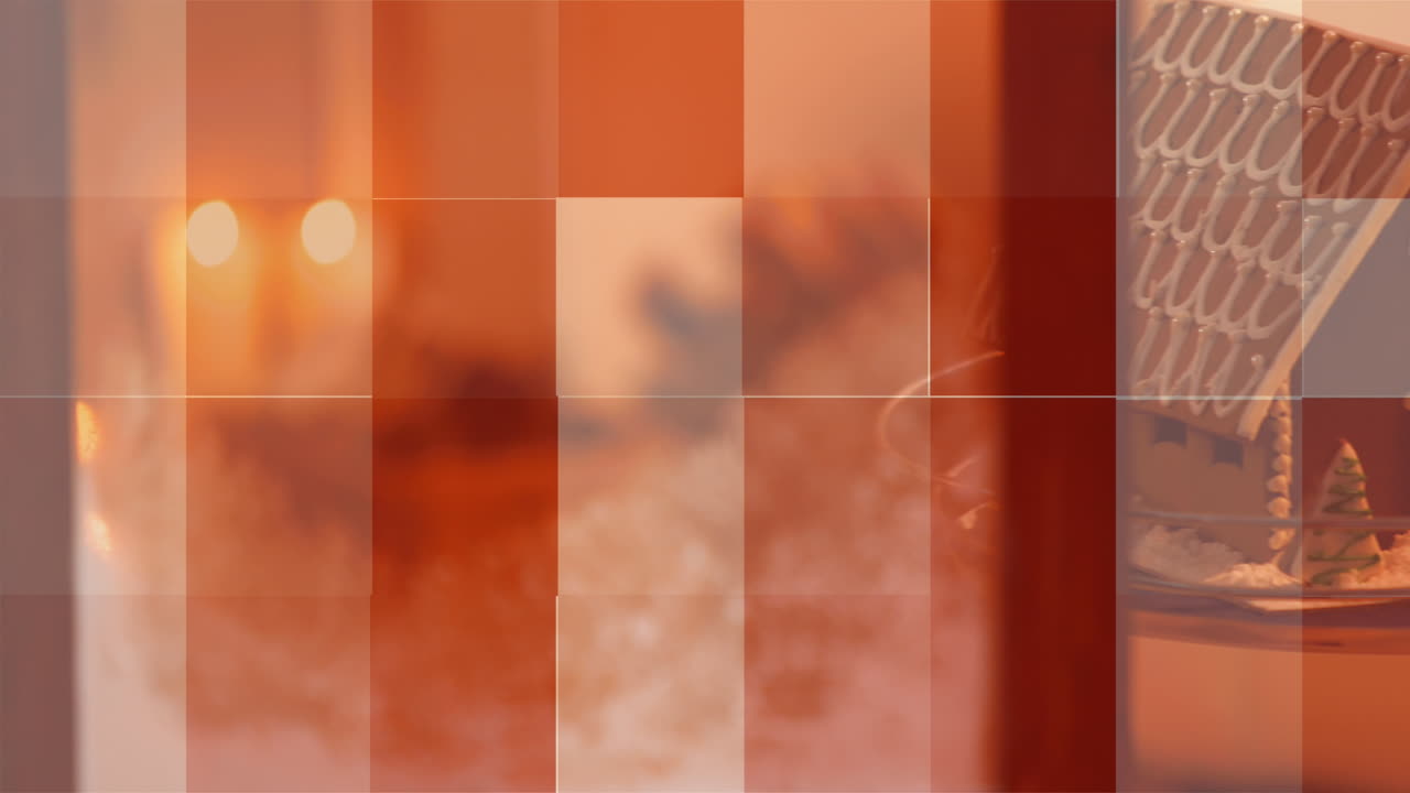 animación de cuadrados en rojo, blanco y azul de la bandera de américa, decoraciones de navidad y velas