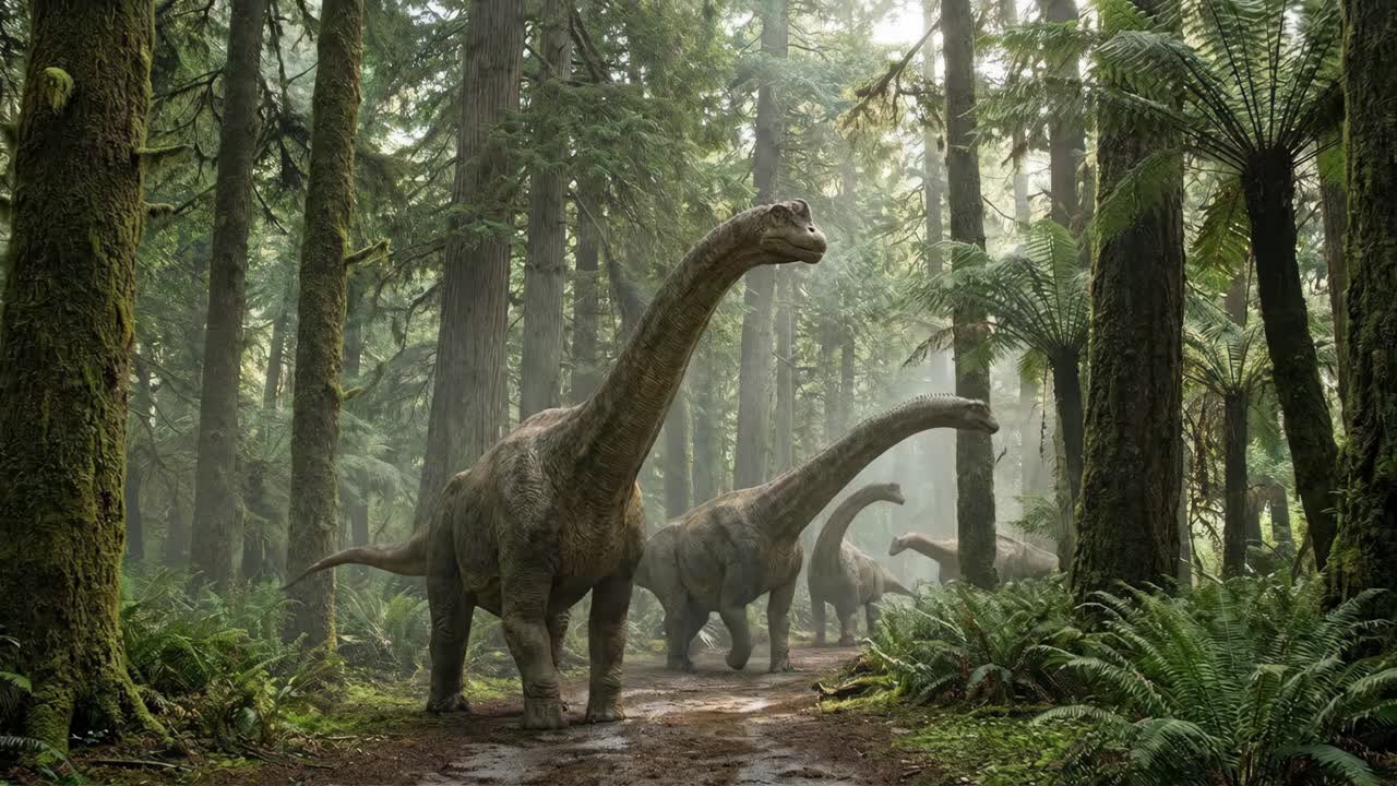 Dinosauri in una rigogliosa foresta preistorica