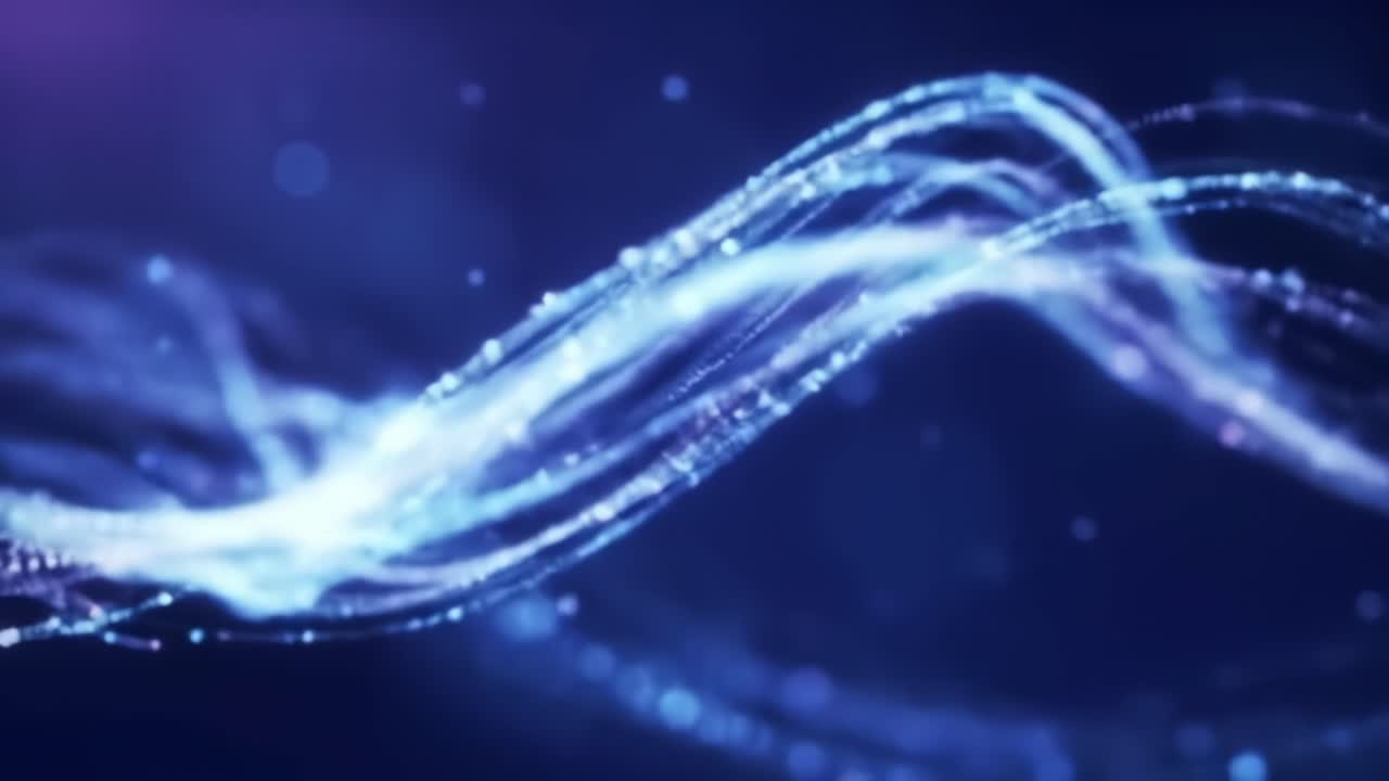 Dynamic Flow of Light and Colorful Particles Captured in Two Frames, Showcasing the Beauty of Movement and Transitions Through a Deep Blue Abstract Landscape