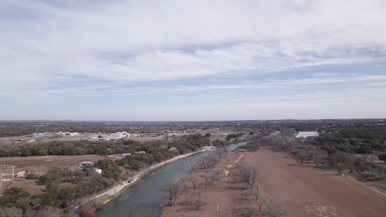 Wide aerial view of the Blanco River and rural farmland near Blanco, Texas