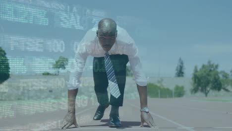 animation of data processing, arrows going up over african american man wearing a suit starting a ra