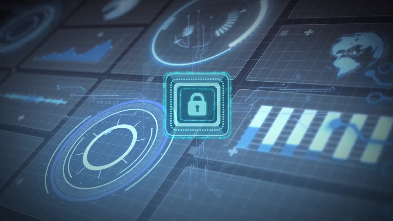 Chip lock pulsing, sending data beams to rotating radar HUD while bar chart updating for security