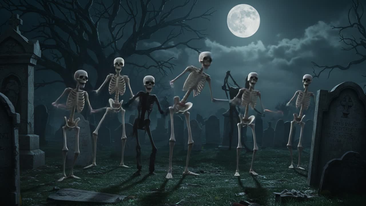 A Spooky Night Gathering: Animated Skeletons Dancing Under the Full Moon in a Graveyard Surrounded by Tombstones and Eerie Shadows