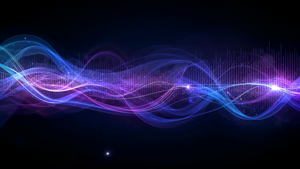 Shifting hues sparking ribbons forming vortex pulsing rings on dark canvas with EQ bars and dot