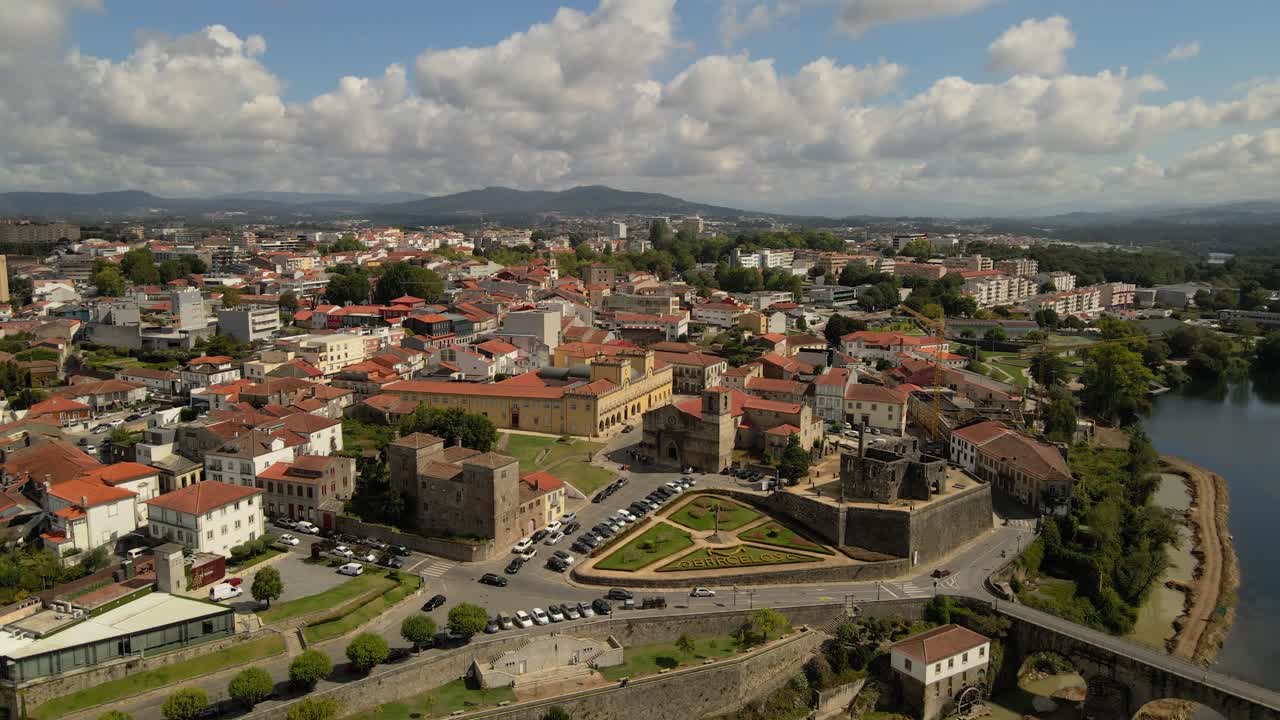 aerial Barcelos Portugal with historic core and Cávado River under sunny skies