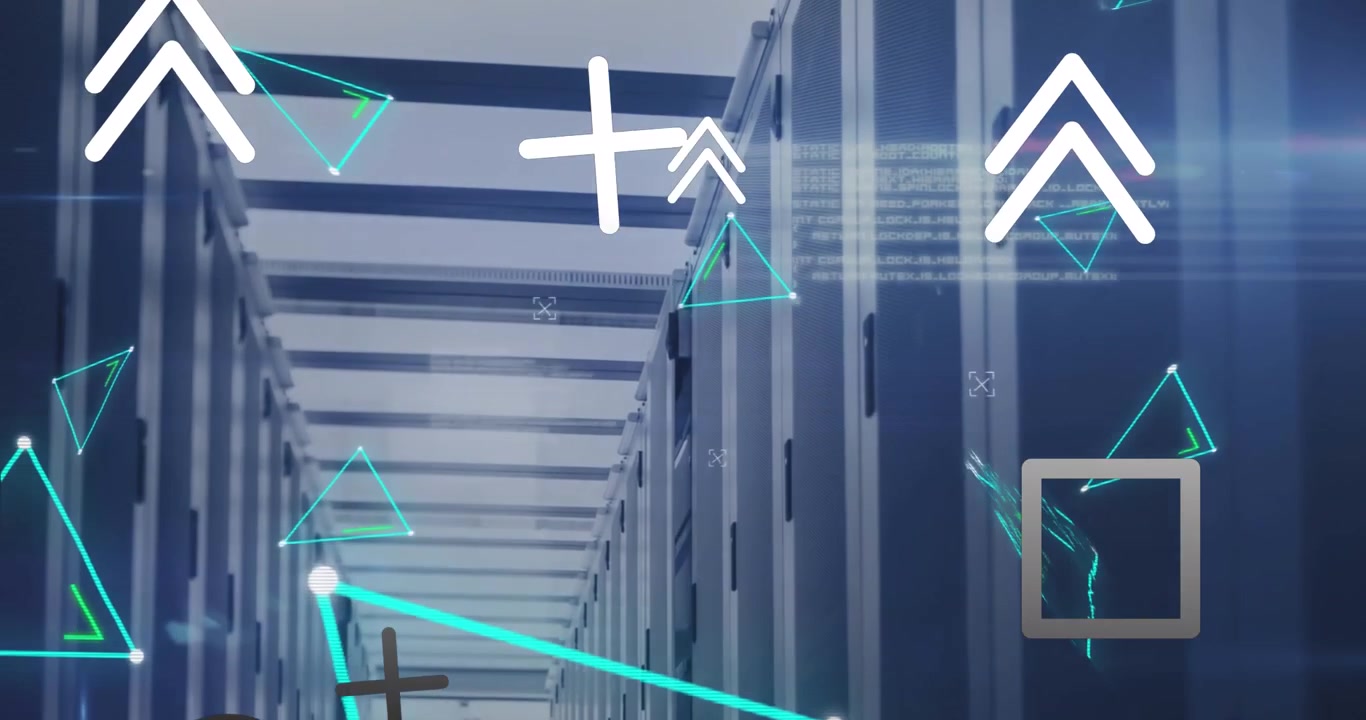 Animation af abstrakte former, plexus-netværk og databehandling over et computerserverrum.