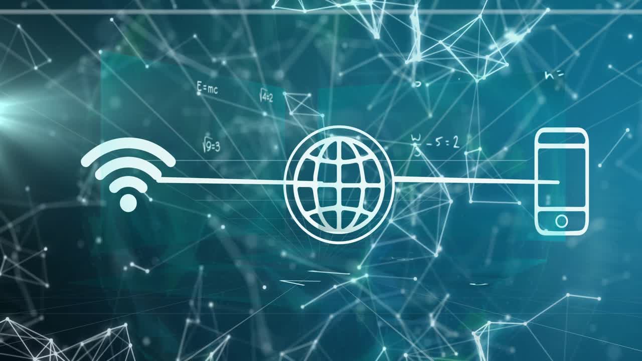 On load WiFi, globe, phone icons fading equations updating values flowing data on teal backdrop