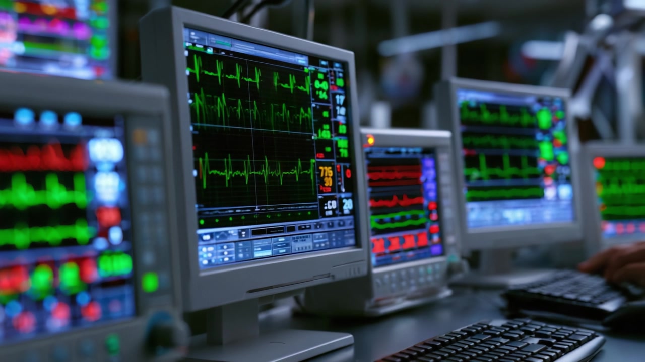 Sistemi avanzati di monitoraggio medico che mostrano segni vitali e attività cardiaca su schermi multipli in un ambiente sanitario ad alta tecnologia.