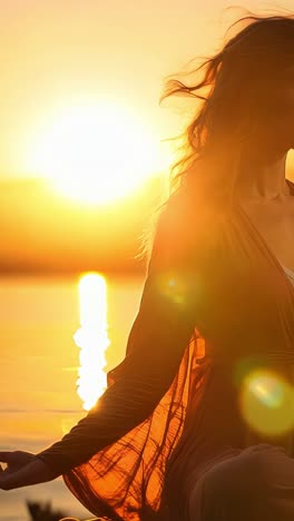 woman meditating by the water during sunset in tranquil setting