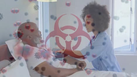 Biohazard-Symbol-Und-Covid-19-Zellen-Gegen-Eine-Ärztin,-Die-Patienten-Behandelt