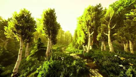 lush green forest path illuminated by warm sunlight during a tranquil morning