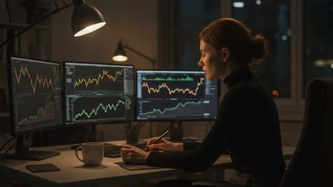 A Focused Trader Analyzing Market Trends on Multiple Monitors in a Modern Workspace Environment, Capturing the Essence of Financial Analysis and Strategy Development
