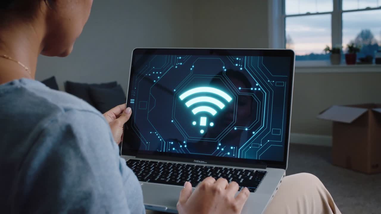 Opening laptop woman wearing tee holding laptop on home sofa, typing to connect wifi, boxes plants