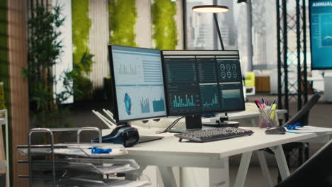 vertical video empty business office is equipped with resources and dual monitors