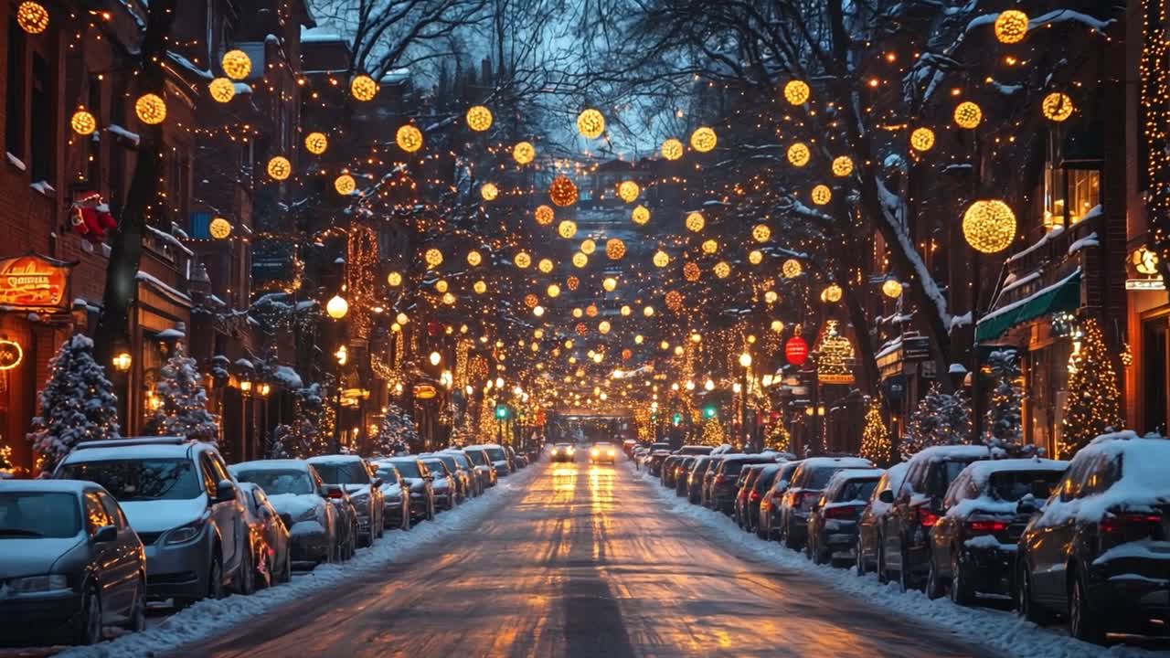 Festive winter street scene with Christmas lights and snow