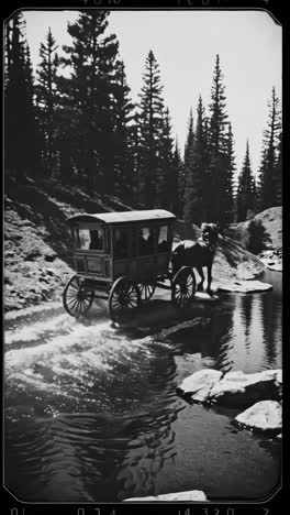 horse-drawn carriage through a mountain river