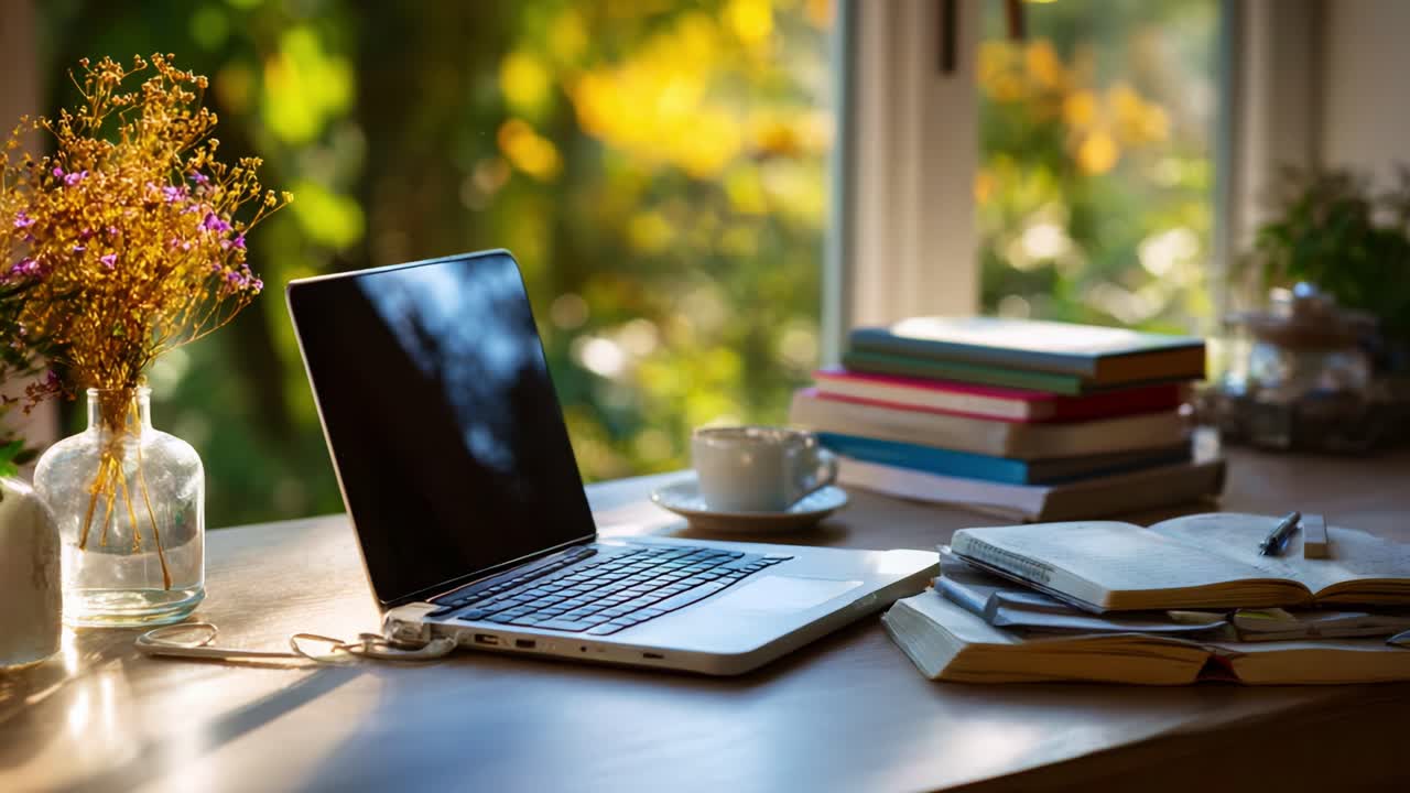 A Serene Study Space with a Laptop, Books, and a Cup of Coffee Surrounded by Nature's Beauty through an Open Window in a Cozy Atmosphere