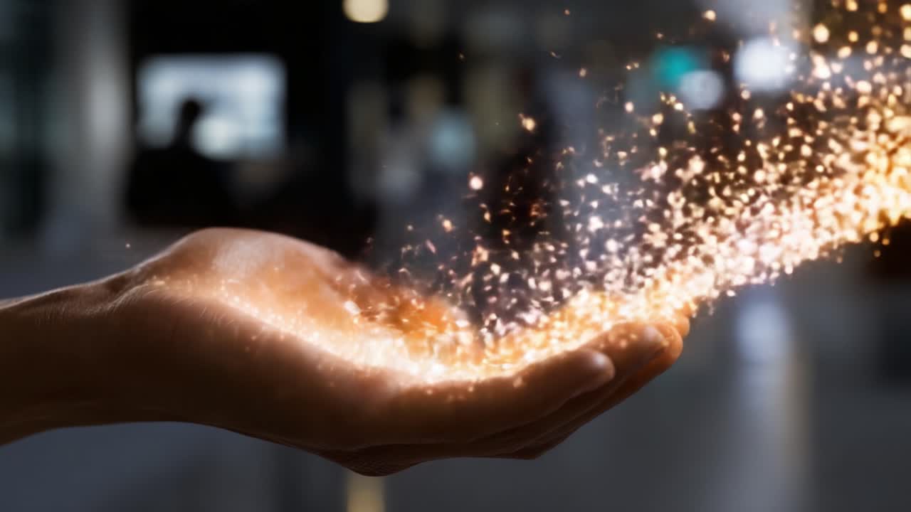 Una rappresentazione mistica di luce ed energia che emana da una mano aperta: incantevoli scintillii fluiscono delicatamente in un ambiente scarsamente illuminato
