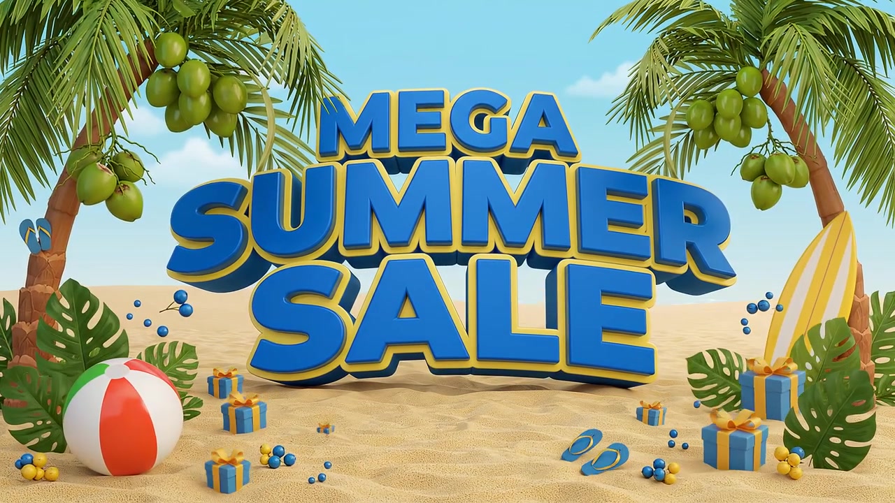 Kampagnebanneranimation for kæmpe sommersalg med blå 3D-typografi på tropisk strandbaggrund