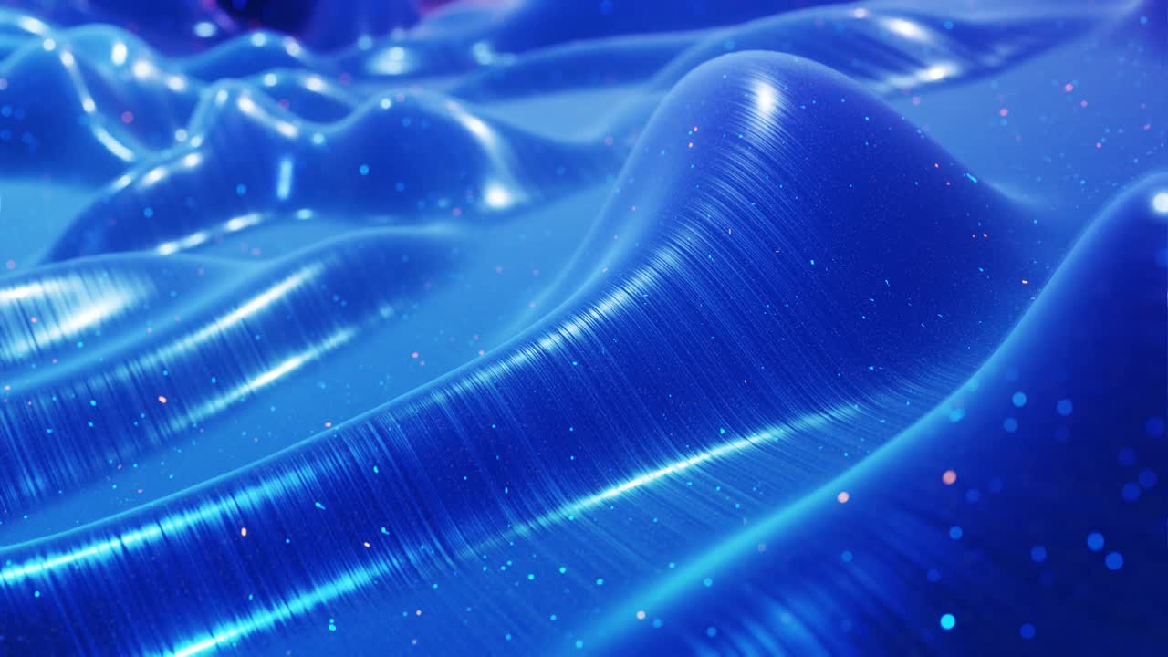 fantastical festive blue bg. Stylish abstract looped background, waves move on glossy surface like landscape made of liquid blue wax with sparkles. Beautiful soft background with smooth animation 4k