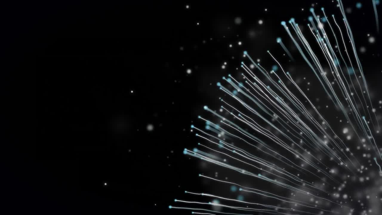 Animazione di particelle bianche e blu con scie luminose e fumo che si muovono su sfondo nero