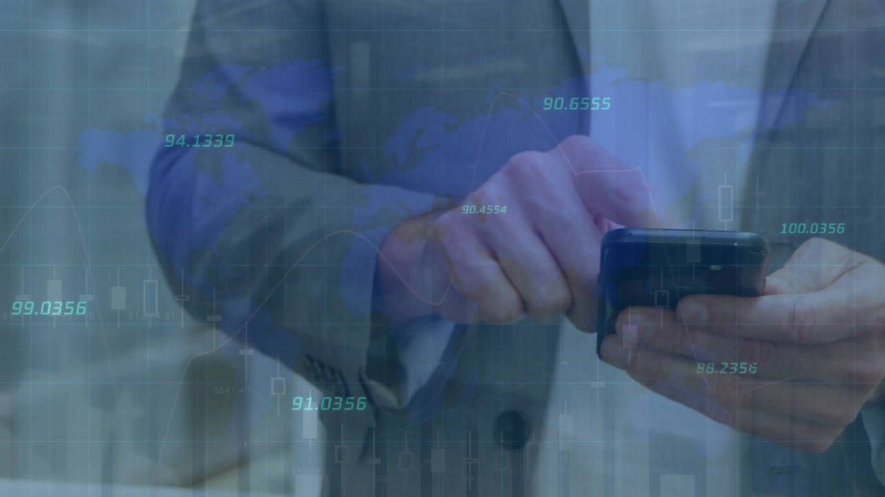 Animation of multiple graphs with numbers and map, midsection of caucasian man using cellphone