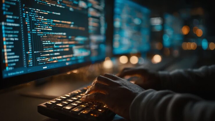An Intense Coding Session: A Focused Programmer Works Passionately at Multiple Monitors Illuminated by Lines of Code and Digital Data Analysis