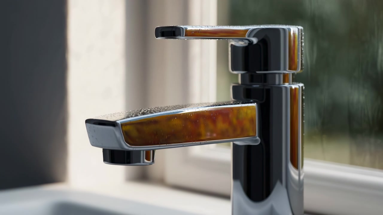 Primo piano dal basso di un moderno rubinetto cromato con goccioline d'acqua e perle che scorrono sul beccuccio e sulla maniglia, riflessi mutevoli da una finestra vicina, luce diurna soffusa, interno bagno pulito, finitura in metallo lucido.