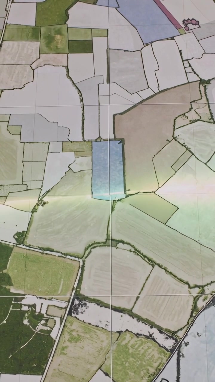 Vertical video: Advancing frames moving map down over coast farms showing blue parcel seam glare