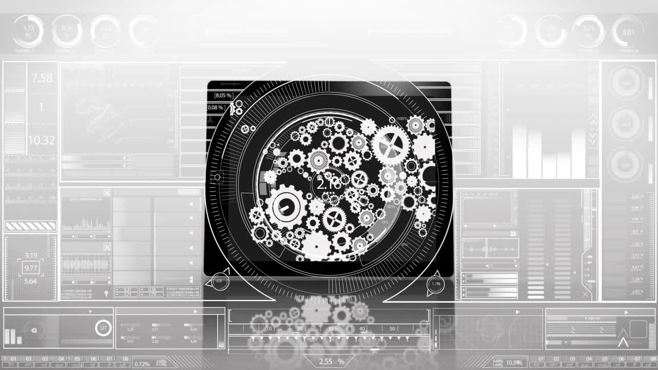 Gears and cogs animation over futuristic digital interface with data charts