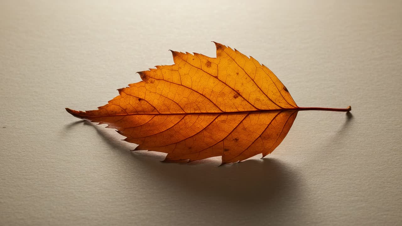 Fesselndes Herbstblatt: Eine beeindruckende Nahaufnahme eines leuchtend orangefarbenen Blatts, das filigrane Adern und Texturen vor einem weichen Hintergrund zur Schau stellt