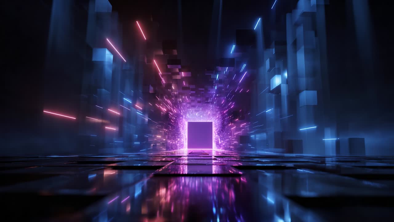 A mesmerizing vortex of vibrant lights and dynamic geometric shapes leading through a glowing portal, creating an immersive experience that captures the essence of futuristic digital realms and existential wonder