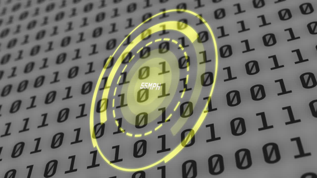 animatie van binaire code over snelheidsmeter en grijze achtergrond