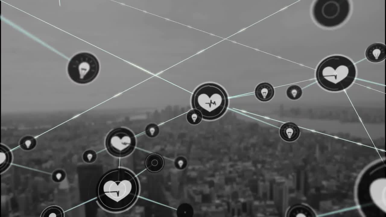 디지털 아이콘의 네트워크의 애니메이션 도시 풍경의 공중 뷰에 대하여