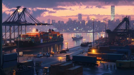 shipping port at sunset