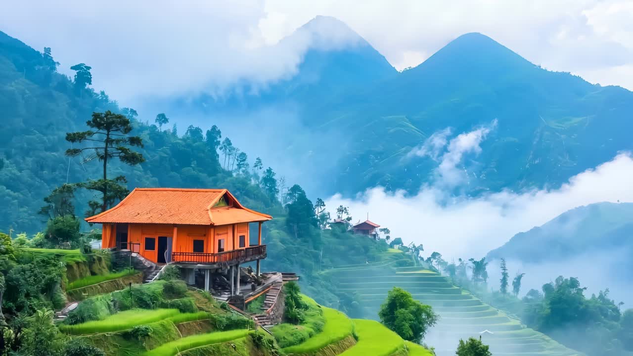 산으로 둘러싸인 푸른 언덕 꼭대기에 있는 작은 집