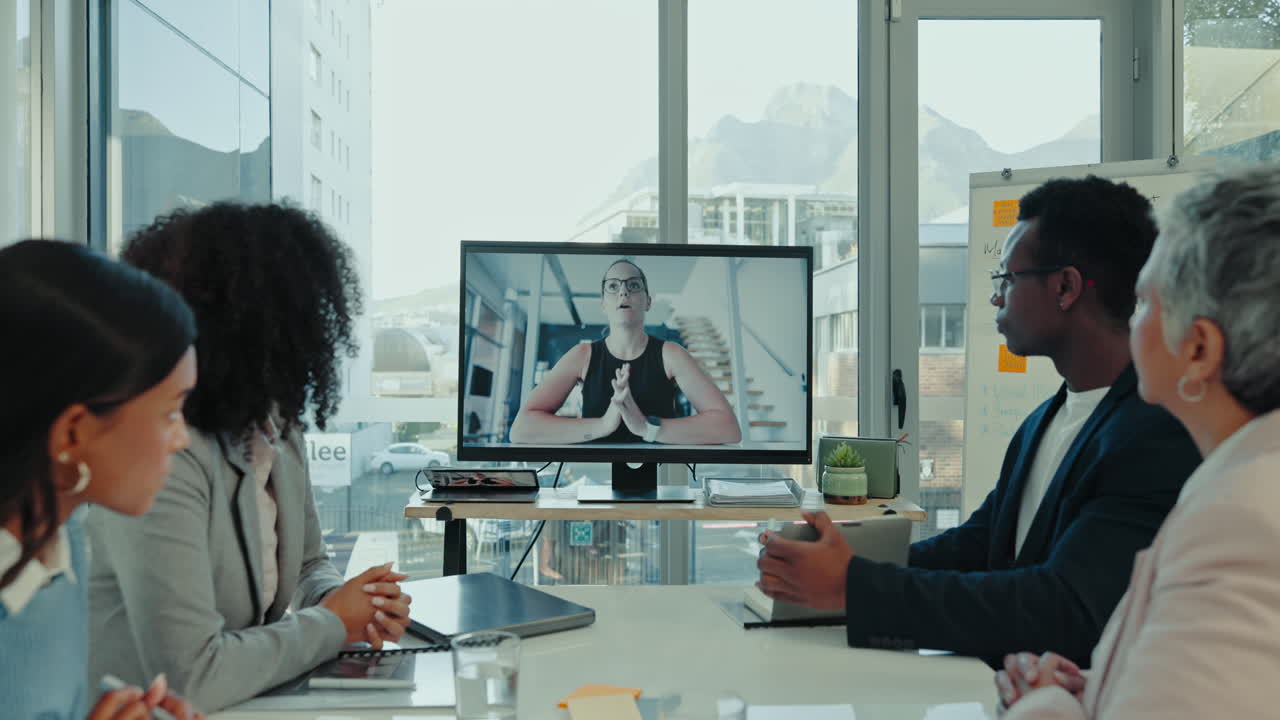 Video call, meeting and business people on screen