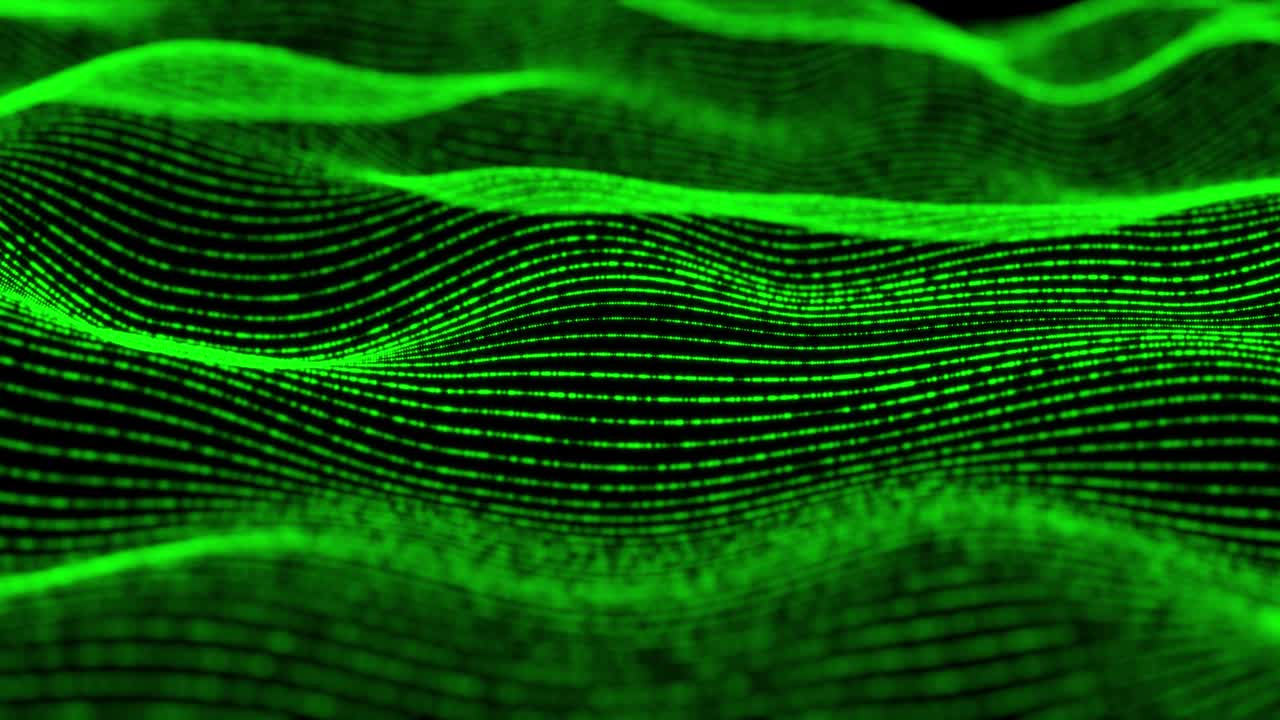 4K, Abstract Futuristic Digital Blue Wave Particles Background.Seamless Loop. Technology digital wave background concept.Beautiful motion waving dots texture with glowing defocused particles. Cyber or technology background. Green Color
