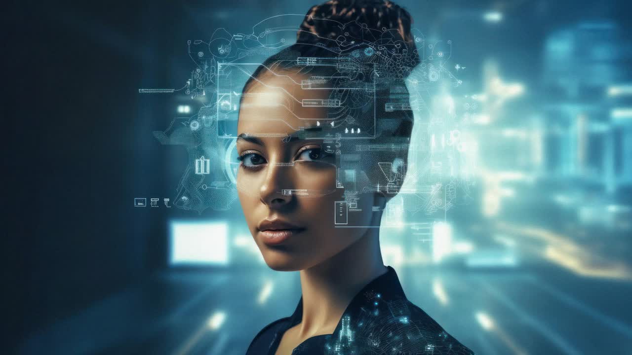 Futuristic video concept with a close-up angle of a woman surrounded by digital holograms